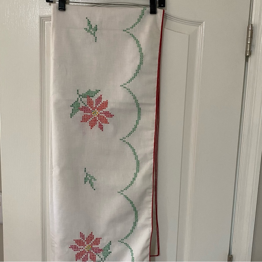 Vintage Cross Stitched Christmas Poinsettia Linen Tablecloth 69x50